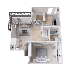 A 3D floor plan of a small apartment with two bedrooms and a living area.