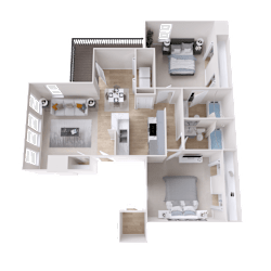 A 3D floor plan of a house with multiple rooms.