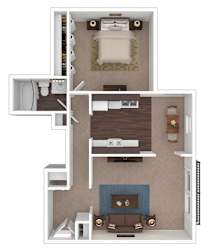 A 3D floor plan of a small apartment with a bedroom, living room, and kitchen.