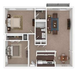 A floor plan of a small apartment with a bedroom, living room, and kitchen.