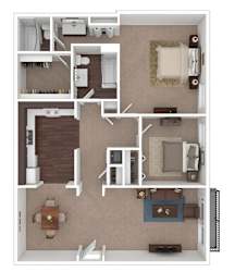 A top-down view of a house layout with a kitchen, living room, and bedrooms.