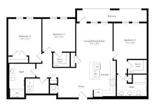 A floor plan of a house with three bedrooms, a living/dining room, a kitchen, an entry, two bathrooms, and a balcony.