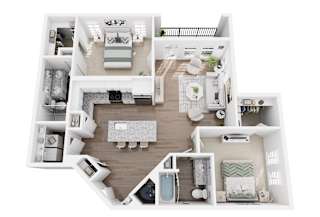 A top-down view of a house layout with a kitchen, living room, and bathrooms.