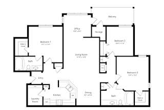 A floor plan of a house with a laundry room, kitchen, and three bedrooms.