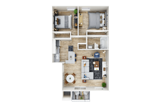 The Alderwood - 3D floor plan - 2 bed 1 bath