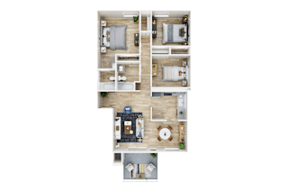 The Driftwood - 3D floor plan - 3 bed 2 bath
