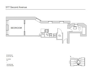 A floor plan for a residence at 577 Second Avenue, showing a bedroom, two bathrooms, and a kitchen with a dining area.