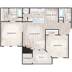 2 Bedroom 2 Bathroom Floor Plan at The Davis Apartments, Huntsville Alabama