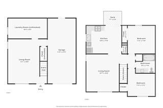 A floor plan of a house with two living rooms, two bedrooms, a kitchen, a bathroom, a laundry room, a garage, and a closet.