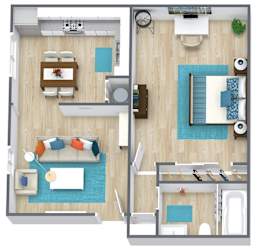 a stylized floor plan with a bedroom and living room