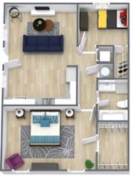 a floor plan of a bedroom with a bathroom and a living room