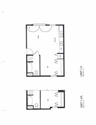 A floor plan of a 14x14 unit with a kitchen and a bathroom.