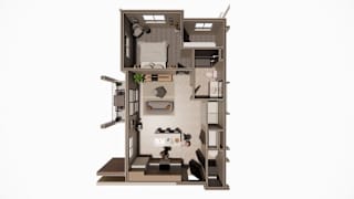 A 3D model of a small apartment with a bedroom, living room, and kitchen.