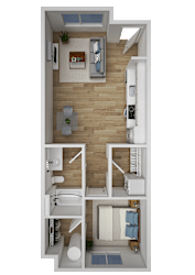 A top-down view of a one bedroom apartment with a kitchen, living room, and bathroom.
