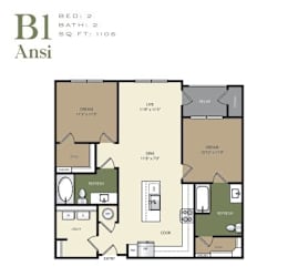 A floor plan of apartment B1 with two bedrooms, two bathrooms, and a total square footage of 1105.