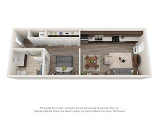 A 3D floor plan of a small apartment with a kitchen, living room, and bedroom.