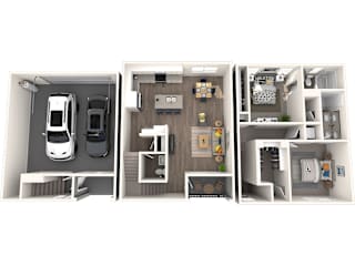 A 3D floor plan of a small apartment with a kitchen, living room, and bathroom.