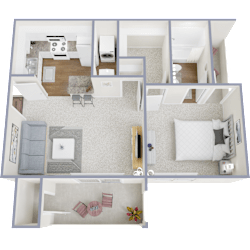 A 3D floor plan of a house showing a living room, kitchen, and two bedrooms.