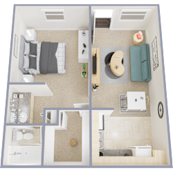 A 3D floor plan of a small apartment with a bedroom, living room, kitchen, and bathroom.