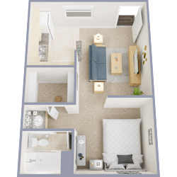 A top-down view of a small, neatly organized bedroom with a bed, dresser, and bathroom.