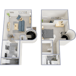 A floor plan of a two-story apartment with a living room, kitchen, and bedrooms.