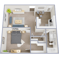 A floor plan of a small apartment with a kitchen, living room, and bathroom.