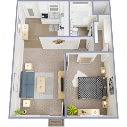A floor plan of a small apartment with a kitchen, living room, and bedroom.