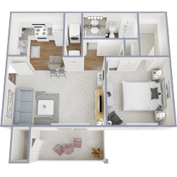 A 3D floor plan of a house showing a living room, kitchen, and two bedrooms.