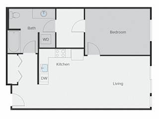 A floor plan of a living space showing a kitchen, bathroom, and bedroom.