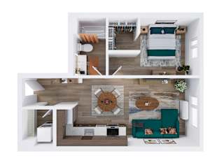 A top-down view of a modern living room with a green couch and a coffee table.