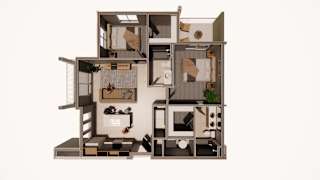 A 3D rendered image of a modern apartment layout.
