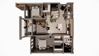 A 3D floor plan of a small apartment with a kitchen, living room, and bathroom.