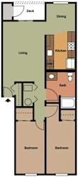 A floor plan of a house with two bedrooms, a living room, a dining area, a kitchen, and a deck.