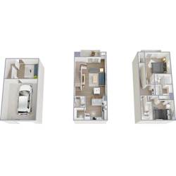Three images of a house layout with a car parked in the driveway.