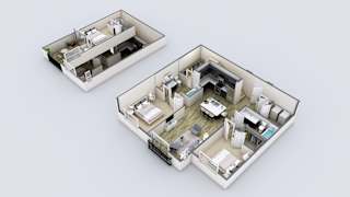 Two 3D models of the C3L floor plan at Axis Camelback apartments