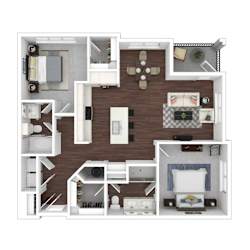 A 3D floor plan of a house with multiple rooms and furniture.