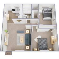 A floor plan of a small apartment with a bedroom, living room, and kitchen.