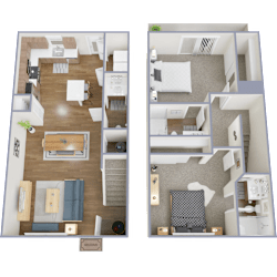 A floor plan of a two-bedroom apartment with a living room, kitchen, and bathroom.