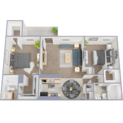 A 3D floor plan of a house with a living room, kitchen, and two bedrooms.