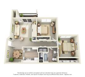 A 3D floor plan of a house with a kitchen, living room, and two bedrooms.