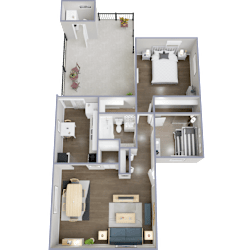 A top-down view of a two-bedroom apartment with a living room, kitchen, and bathroom.