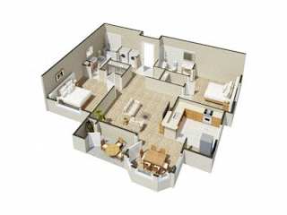 A 3D floor plan of a house with multiple rooms.