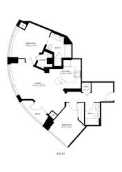A floor plan of a house with a bedroom, bathroom, kitchen, and living room.