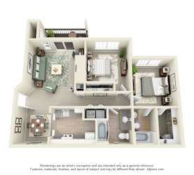 A 3D floor plan of a house with multiple rooms and furniture.