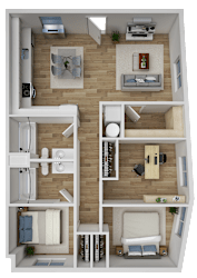 A 3D floor plan of a three bedroom apartment with a kitchen, living room, and bathroom.