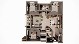 A 3D floor plan of a house with multiple rooms.