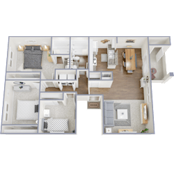 3D floor plan with two bedroom layout at Peak at Oro Valley Apartments, Tucson, AZ 85704