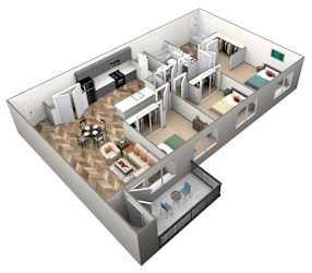 A 3D floor plan of a house with a kitchen, living room, dining room, and two bedrooms.