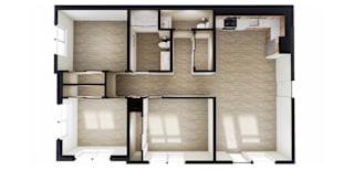 A floor plan of a house with two bedrooms, a living room, a kitchen, and a bathroom.