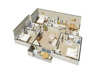 A 3D floor plan of a house with a kitchen, living room, and two bedrooms.